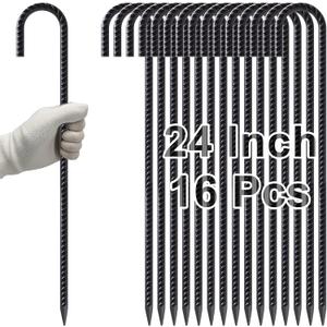 VVOKGO 24 Inches Rebar Stakes Heavy Duty J Hook, Curved Steel Plant Support Garden Stake with Chisel Point end, Hammer Through Hard Soil for Chain Link Fence and Gazebo - Black Coated 16pcs