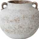 Rustic Farmhouse Textured Ceramic Vase with Two Handles, Distressed White Pottery Flower Vase for Centerpiece, Decorative Vases for Living Room, Kitchen, Table Top Decor, Gift & Weddings (Short)