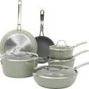 Sur La Table Kitchen Essentials Cool Commune Hard Anodized 10 Piece PFA Free Ceramic Non stick Interior Forged Durable Aluminum Pots and Pans Cookware Set - Green - Induction Compatible