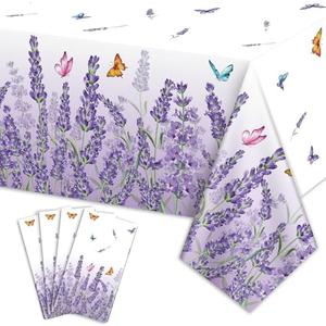 PTECDROTS 4Pcs Lavender Tablecloths Rectangle Purple Flower Table Cloths Butterfly Table Cover for Spring Tea Lilac Butterfly Lavender Party Decorations, 51 x 86inch