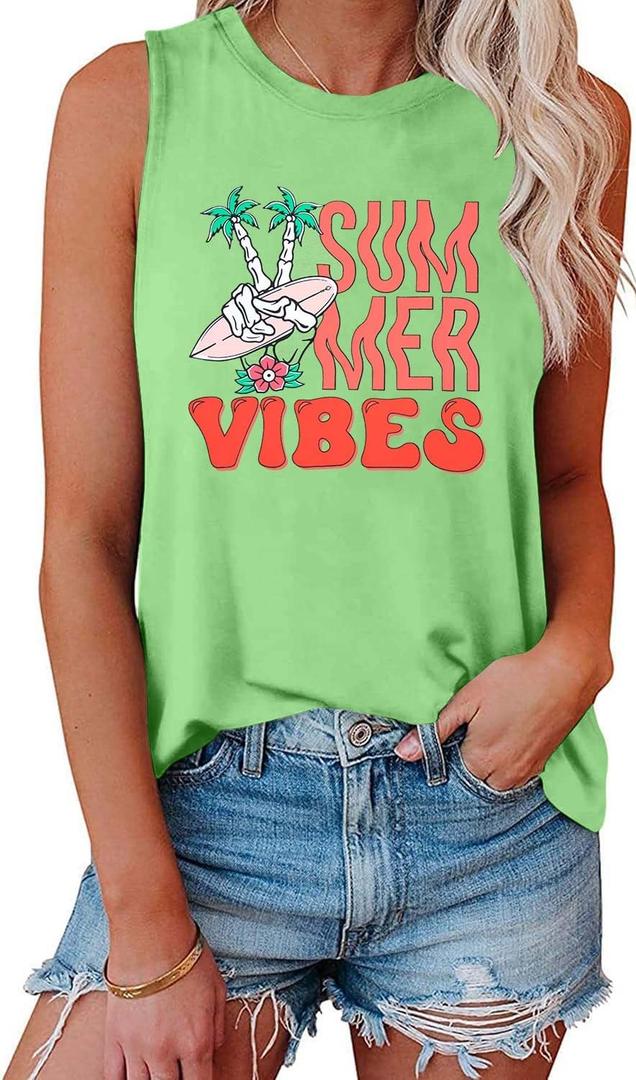Beach Tank Tops for Women: Hawaiian Palm Tree Shirts Sunshine Loose Fit Sleeveless Vest Summer Vacation Tops (Large)