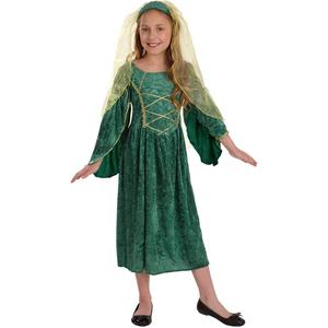 fun shack Green Girls Renaissance Costume, Medieval Princess Outfit for Kids, Historical Dress Up for Girls, M