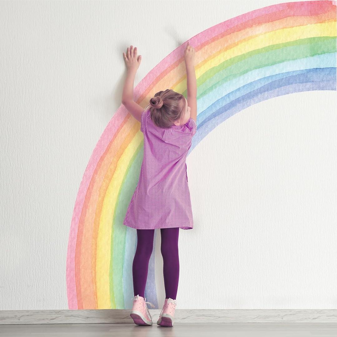 56"x64" Extra Large Rainbow Wall Stickers - Precut Vibrant Half Watercolor Decals, Eco-Friendly Water-Activated Gummed Art for Girls Nursery, Kids Bedroom, Living Room Decor