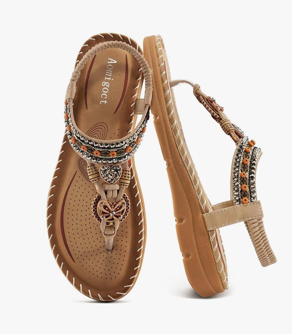 Aomigoct Sandals Women Flat Shoes: Dressy Summer Bohemian Flats Shoes for Women Sandals Comfortable Ankle Strap Outdoor Walking 12in