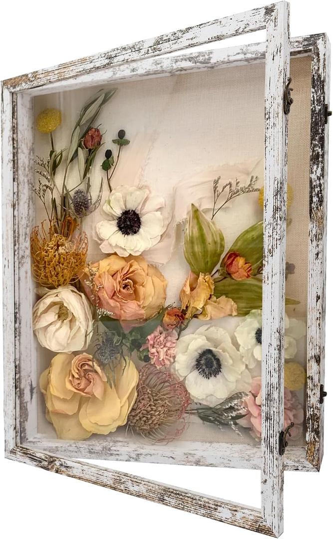 GraduationMall 16x20 Wood Shadow Box Frame Glass Door Display Case with Linen Back and 6 Stick Pins,1.5 inches Interior Depth,Ideal for Memorabilia Pictures Flowers Medals Tickets Rustic White