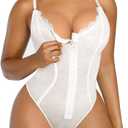 SHAPELLX Lace Bodysuit for Women Tummy Control Shapewear Backless Body Suits One Piece Body Shaper Thongs (White)