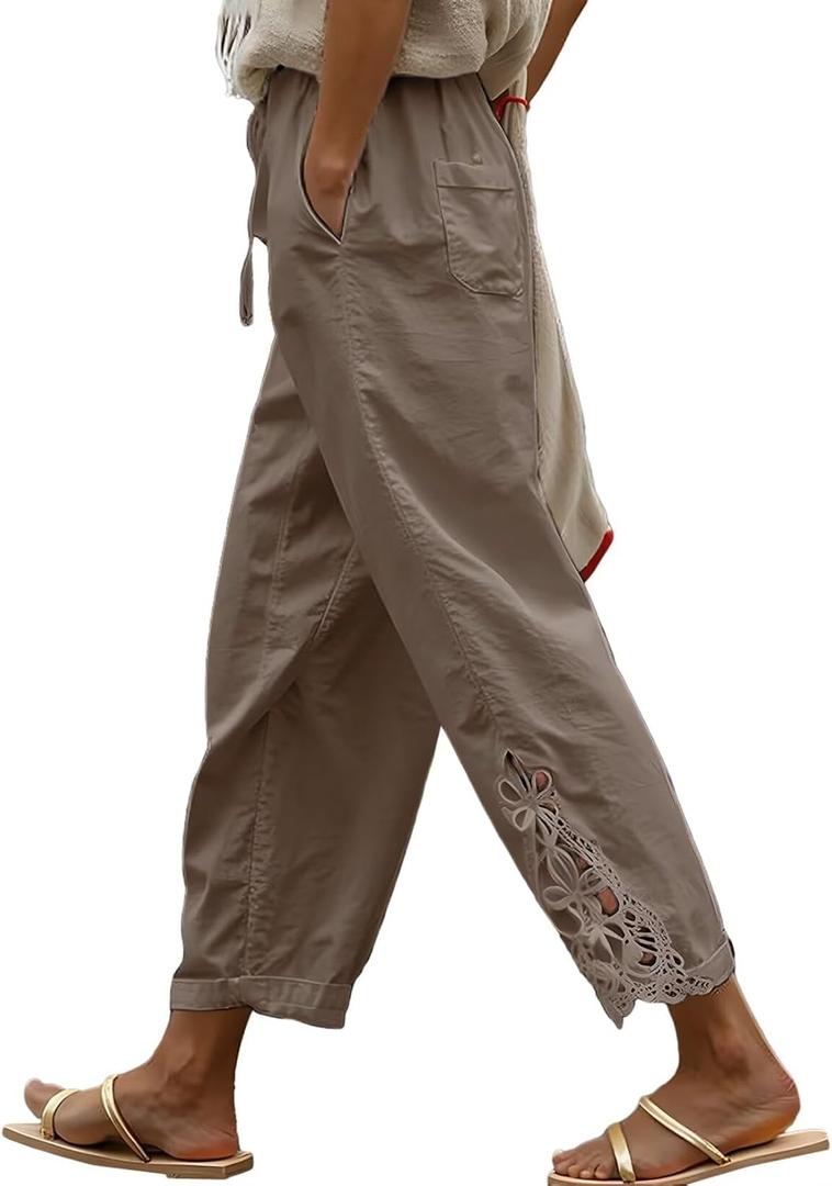 Acelitt Women Casual Lightweight Drawstring Elastic Waist Pants with Pockets, S-XXL (Khaki)