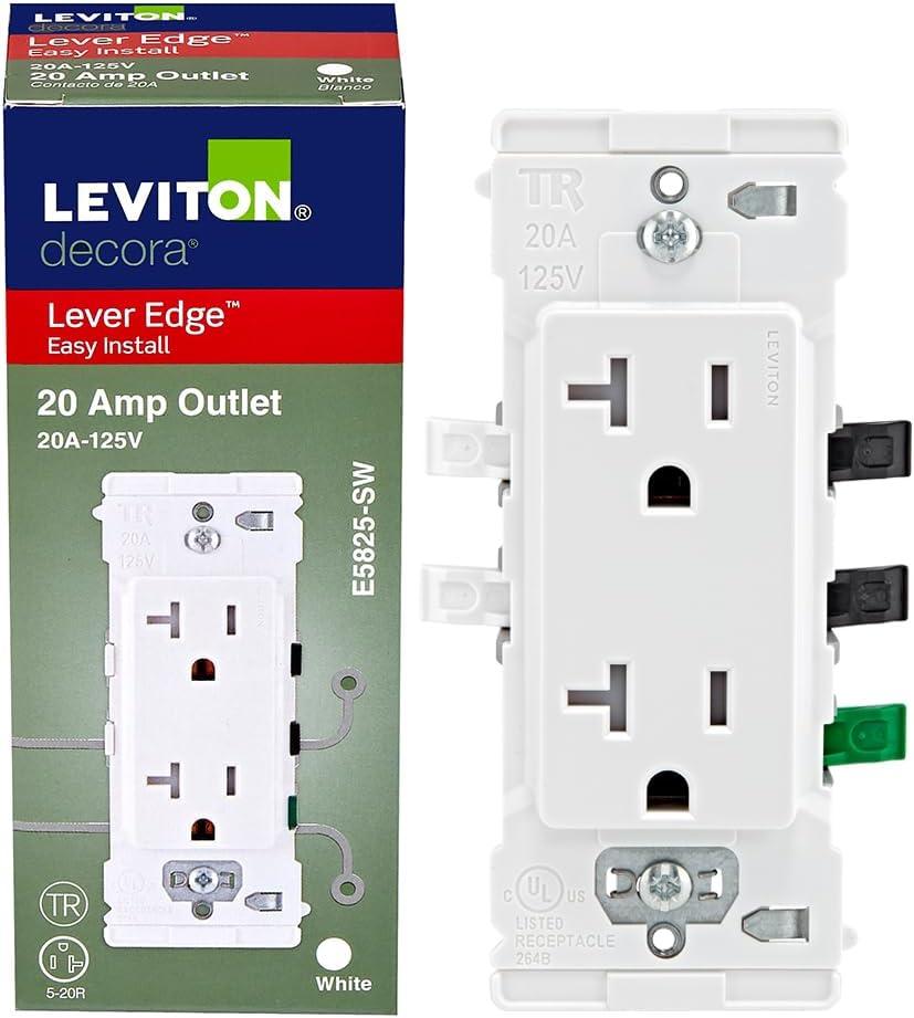 Leviton Lever Edge 20 Amp Tamper-Resistant Duplex Wall Outlet, E5825-W, White