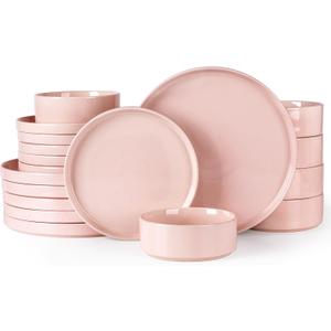 GBHOME Dinnerware Set for 6, 18 Piece Speckled Plates and Bowls Set with Glazed Bottom, Chip & Scratch Resistant Stoneware Plates Sets, Dishwasher & Microwave Safe Dishes (Pink, Service for 6)