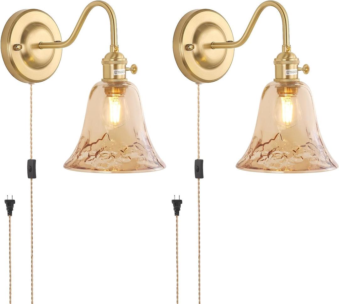 Plug in Wall Sconce Set of 2, Gold Vintage Wall Decor Lights with Amber Morning Glory Glass Shade, Indoor Brass Corded Wall Lamp Fixture for Bedroom Living Room Bathroom Hallway (2 Light Plug in)