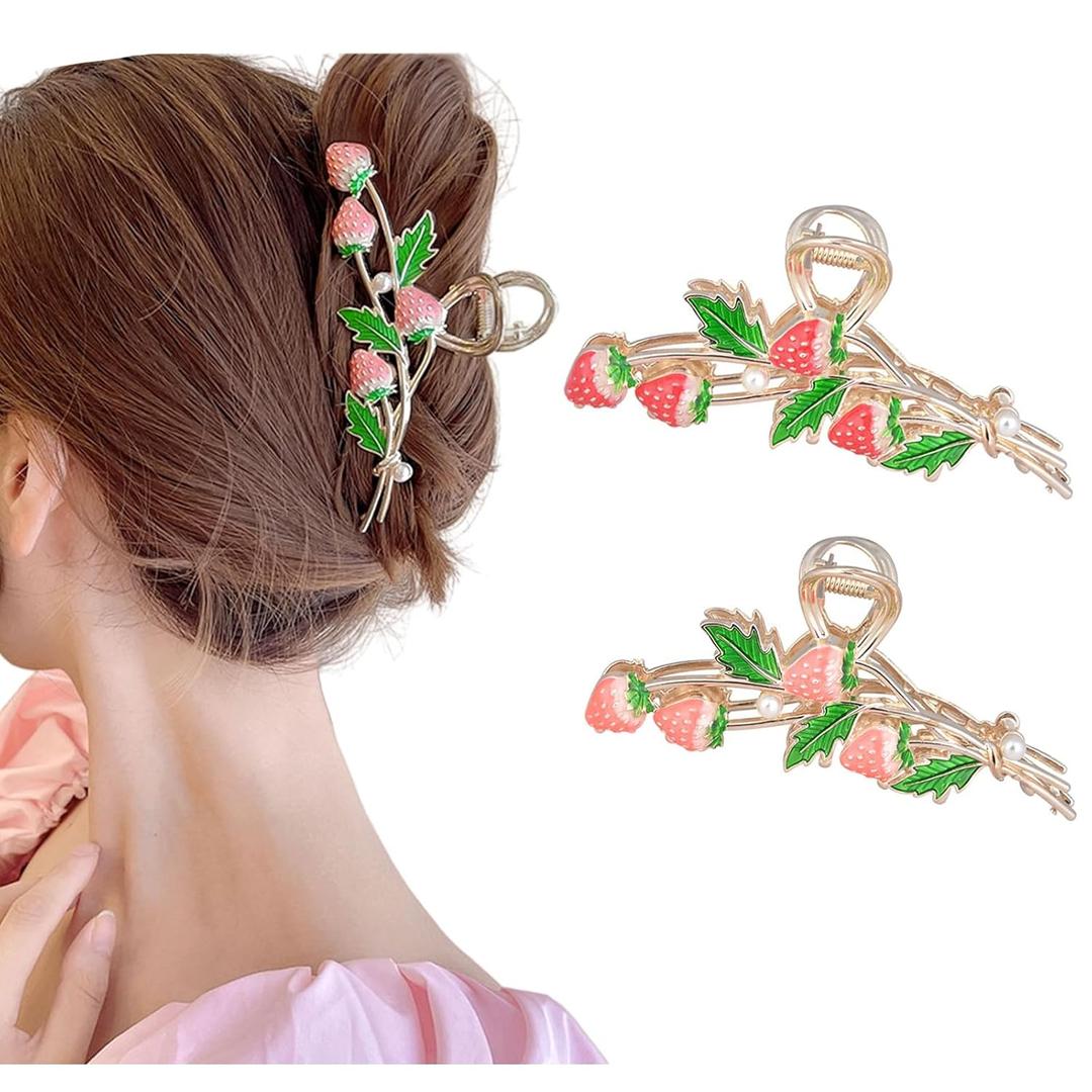 Hair Clip 2Pcs Cute Strawberry Metal Hair Claw Strong Non Slip Hold Hair Jaw Pink Acetate Hair Clips Accessories for Women and Teens Fashion Hair Supplies