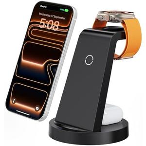 Anlmz 3 in 1 Charging Station for iPhone, Wireless Charger for iPhone 17 16e 16 15 14 13 12 11 X Pro Max & Apple Watch - Wireless Charging Station for AirPods 4 3 Pro, Black