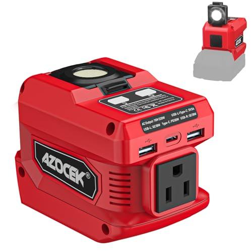 220W Azocek Power Inverter Compatible with Milwaukee 18V Battery, DC 18V to AC 110V Portable Power Station with 1 AC Outlet, 2 USB Ports & 1 Type-C Fast Charging, 400LM LED Work Light