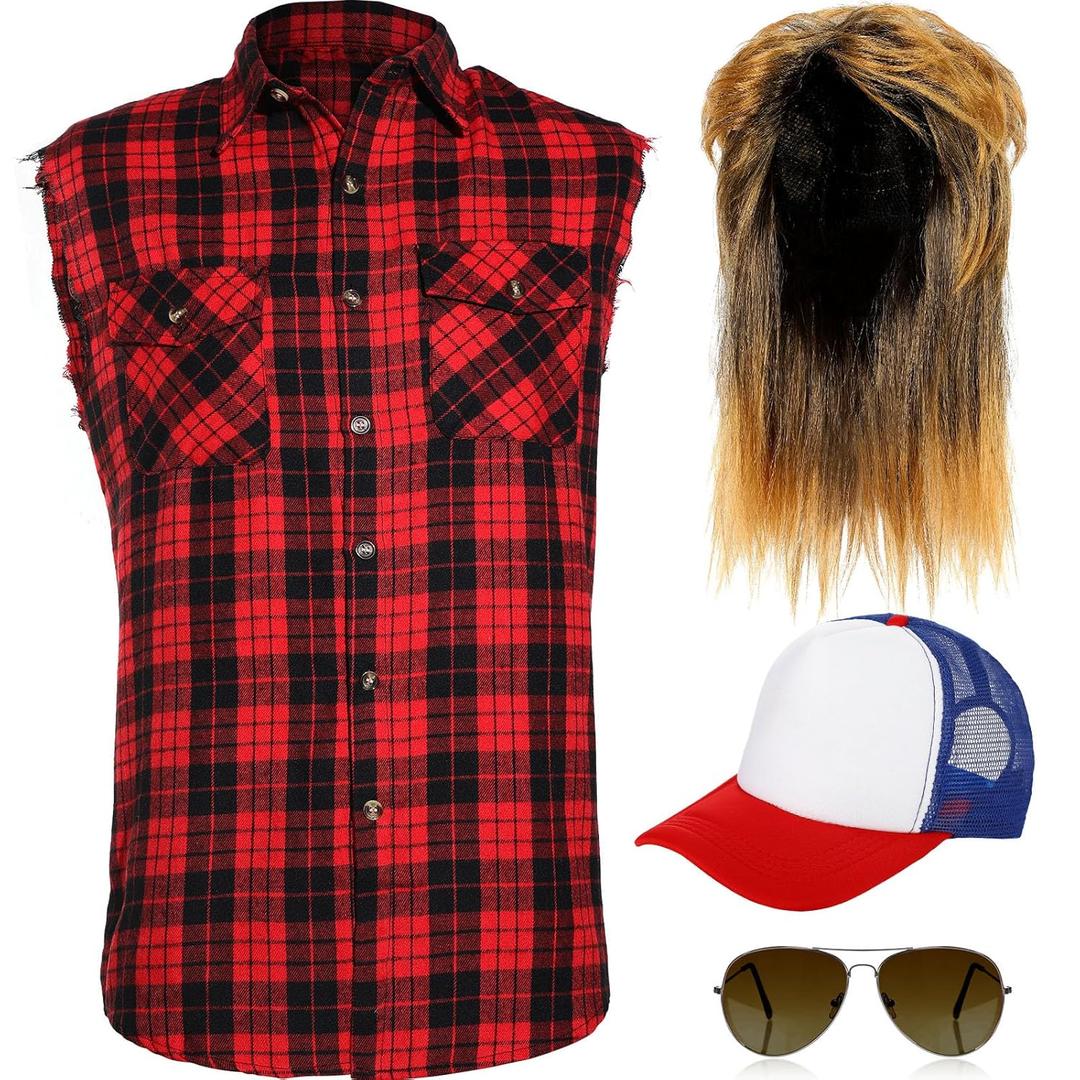 SATINIOR 80s Costume for Men Blonde Mullet Wig Men Flannel Plaid Sleeveless Plus Size Vest Metal Frame Blonde Sunglasses Hat(Red,Medium Shirt)