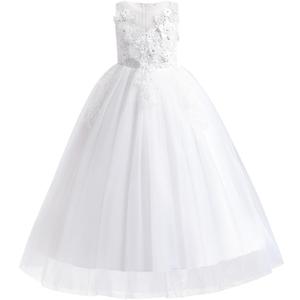 Little Big Girl Flower Tulle Dress Princess Pageant Birthday Party Wedding Formal Floor Long Dance Evening Maxi Gown (White, S)
