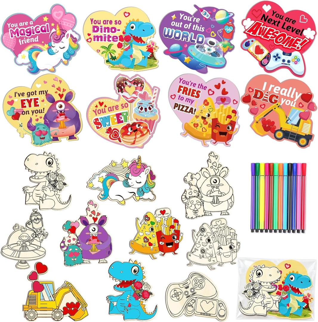 HOWAF 24 Pack Valentine's Day Cards For Kids School, Punny Valentines Day Cards Wooden Crafts Kit for Kids School, Valentine Class Gifts Exchange, Valentine Party Favors for Kid Boys Girls