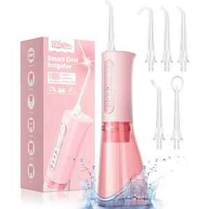 Water Dental Flosser Teeth Pick: Portable Cordless 4 Modes Flossers Pic 300ML Rechargeable Floss Pik Powerful IPX7 Waterproof Oral Irrigator for Cleaning Gum Care Braces for Home Travel (02_Pink)