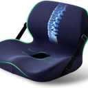 Ergonomic Seat Cushion for Sciatica Relief & Long Driving - Memory Foam Back Support with Adjustable Strap, Non-Slip Base & Removable Mesh Cover - Office, Car (Navy Blue) (Universal Size)
