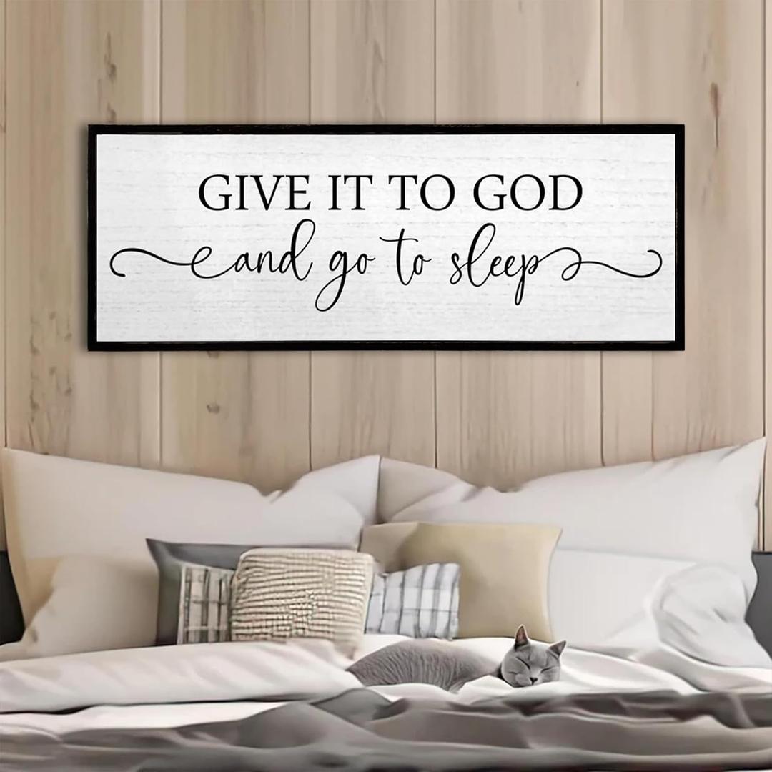 TQianJiang Christian Wall Decor Give It To God And Go To Sleep Sign Wall Decor 32"12" Spiritual Quote Plaque for Master Bedroom Above Over Bed Rustic Religious Home Wood Framed Hanging Art (Black)