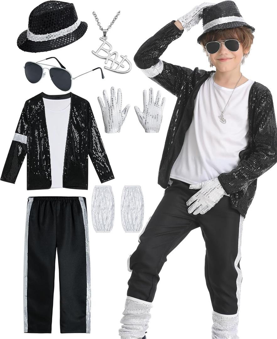 8 Pcs 80s 90s Dance Star Costume for Kids Pop Stage Cosplay Halloween with Accessories Set (8-10 Years)