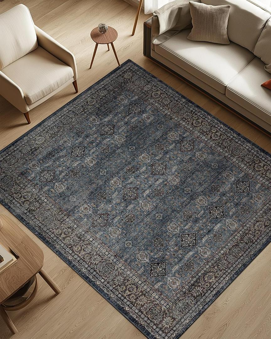 9x12 Washable Non-Slip Large Area Rug for Living Room, Dining Room, Bedroom Home Office-Vintage Farmhouse Non-Shedding Distressed Foldable Low Pile Area Rug (Retro Blue and Burgundy,9x12)