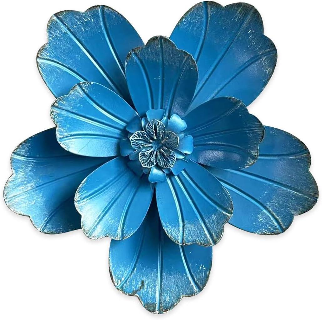 Metal Flower Wall Sculpture, 9.5" Rustic Modern Artwork Distressed 3D Layered Vintage Iron Flower Wall Hanging Accent for Indoor Kitchen, Bedroom Living Room Office Outdoor Garden Patio Decor (Blue)