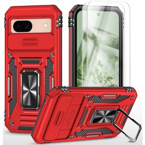 Compatible with Google Pixel 8A Case with HD Screen Protector,[Slide Camera Cover][Kickstand][Military-Grade] Heavy Duty Protection (Red)