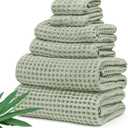 Alusa Home Ultra Soft Viscose from Bamboo Waffle Towels - Lightweight Bath Towel Set of 6 - Compact, Quick Dry & Lint Free (Eucalyptus Green)