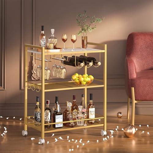 Joaxswe Bar Cart, Home Bar Serving Cart with 3-Tier Shelf,Microwave Cart with Lockable Wheels,Mobile Kitchen Shelf,Rolling Beverage Cart with Wine Rack and Glass Holder for Kitchen,Dinning Room,Gold
