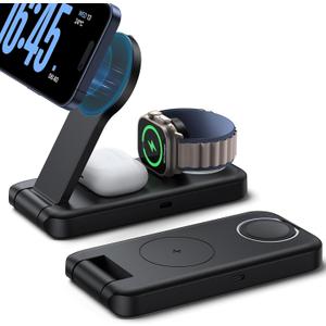 Lamicall 3 in 1 Charging Station for Apple, for Magsafe - Magnetic Foldable Wireless Charger Stand, Fast Charging Station for iPhone 17/16/15/14/13/Pro/Pro Max/Air, Apple Watch, AirPods, Foldable