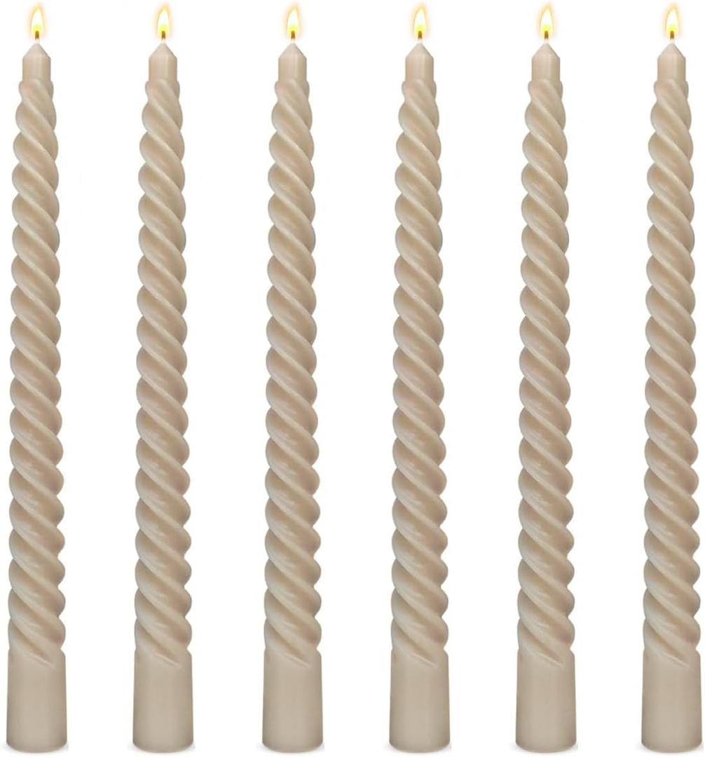 6 Pack 10 Inch Light-Mocha Spiral Taper Candles for Home Decor, Unscented Dripless Twisted Candlesticks for Weddings Dinner Holiday Decoration Formal Events