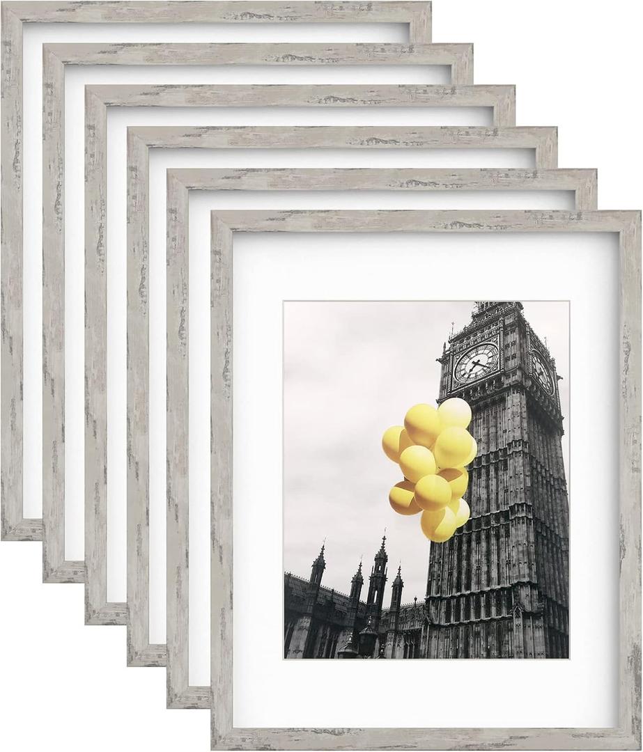 Picture Frames 11x14 Set of 6, Distressed Grey Photo Frame, Display Pictures 8x10 with Mat or 11x14 Without Mat, Washed Farmhouse Frame