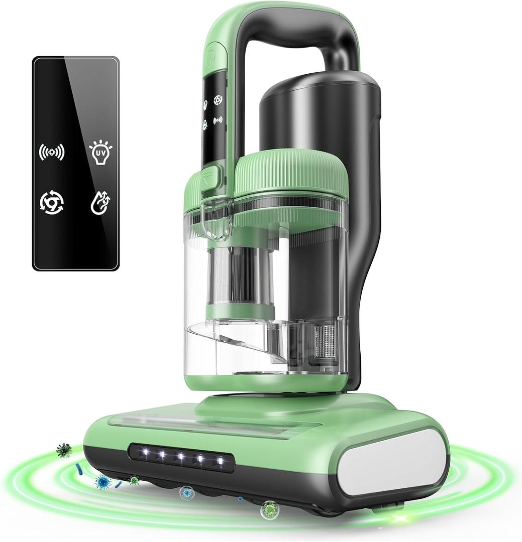 Mattress Vacuum Cleaner Bed Vacuum Versatile Handheld Vacuums with 500W 18Kpa Power Suction & 253.7nm U-V-C Light & Heating Tech & 30000 RPM/Min Brush Roll Rotation Corded (Green)