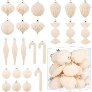 Velvet Ornaments for Christmas Tree Decorations - Cream Flocked Christmas Ornament Set for Winter Holiday Decor - Shatterproof Xmas Balls Ornaments Bulk - Pack of 24