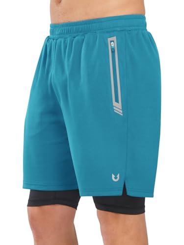 NORTHYARD Men's 2 in 1 Running Shorts Workout Gym Athletic Shorts Quick Dry with Liner Active Training Shorts with Zipper Pockets Lakeblue XL