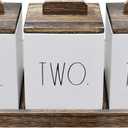 Rae Dunn Bathroom Containers for Organizing - Storage Canister Set of 3 with Lids and Wood Tray - Home Decor, Bathroom Vanity Organizer, Toilet Tank Topper, Makeup and Accessories Holder