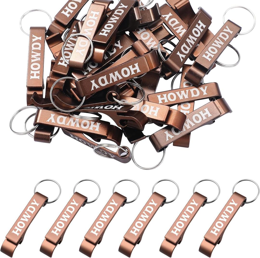 Junkin 60 Pcs Western Cowboy Party Favors Howdy Metal Bottle Opener Keychain Bulk Western Cowgirl Theme Favors for Wild West Derby Last Rodeo Bar Birthday Wedding Bridal Shower Gift Souvenirs (Brown)