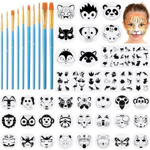 52 Pcs Face Paint Stencils Kit 32 Large Reusable Face Painting Stencils10 Body Sheets Tattoo Templates Stickers 10 Brushes for Halloween Birthday Party Festival Makeup DIY Drawing Art(Animal Style)