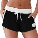 Comfy Sweat Shorts for Women Cotton Fold-Over Waistband Contrast Taping Lounge Casual Athletic Workout Shorts (Medium, Black)