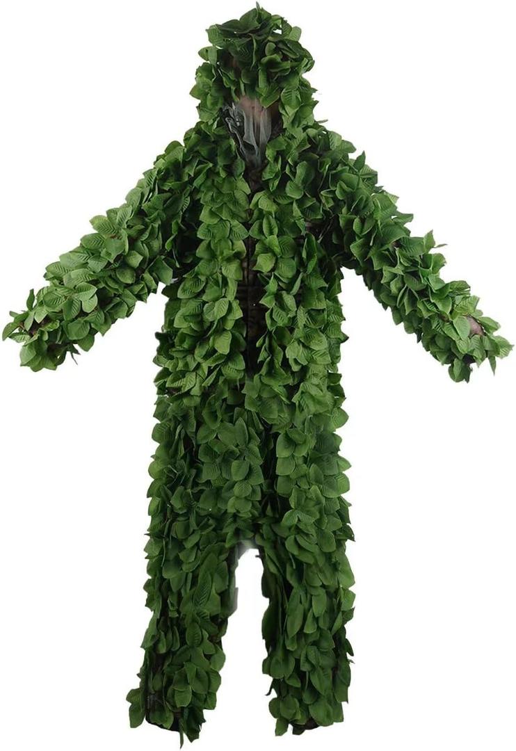 HYOUT Hooded Ghillie Suit Camo Suit Woodland Forest Military 3D Green Leafy Clothing Costume for Jungle Halloween Party (One Size)