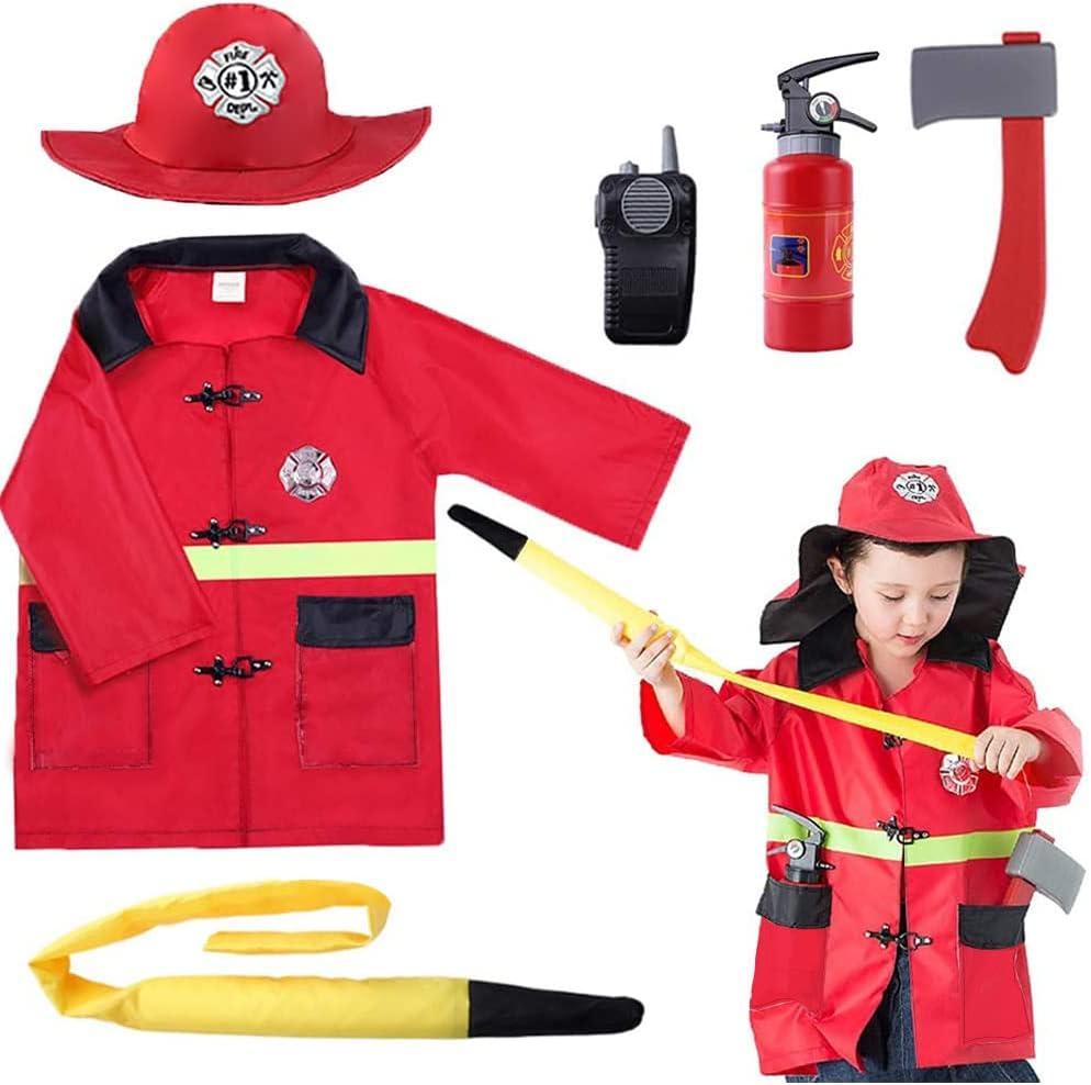 iPlay, iLearn Kids Firefighter Costumes, Toddler Fireman Dress up, Boy Fire Pretend Chief Outfit, Halloween Role Play Career Suit W/Walkie Talkie Hose, Party Birthday Gift for 3 -7  Year Old Girl