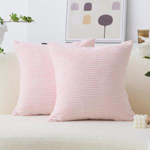Home Brilliant Large Pillow Covers for Sofa Bed Euro Sham Super Soft Striped Velvet Couch Set of 2 Throw Pillow Covers for Room, 24 x 24 inch, Blush Pink