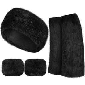 SATINIOR 3 Pieces Faux Fur Headband Set Ear Warmer Headwrap Furry Wrist Cuff Leg Warmers Boot Cuff Accessories for Girls (Black)