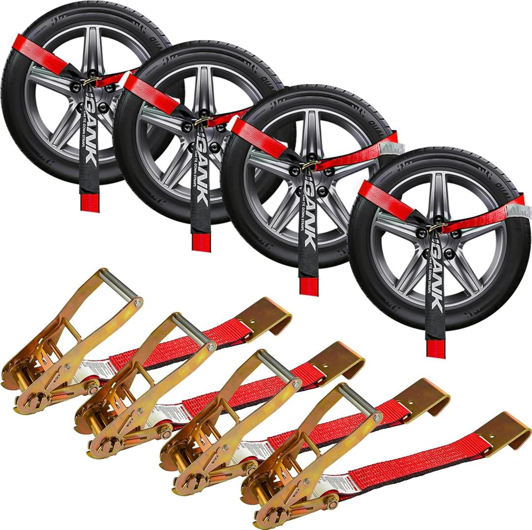 Car Tie Down Straps for Trailers (4PK) 2'' X 96'' Tire Webbing with Flat Hooks for Easy Tire Securing on Cars, SUVs, Jeeps, or Sports Cars