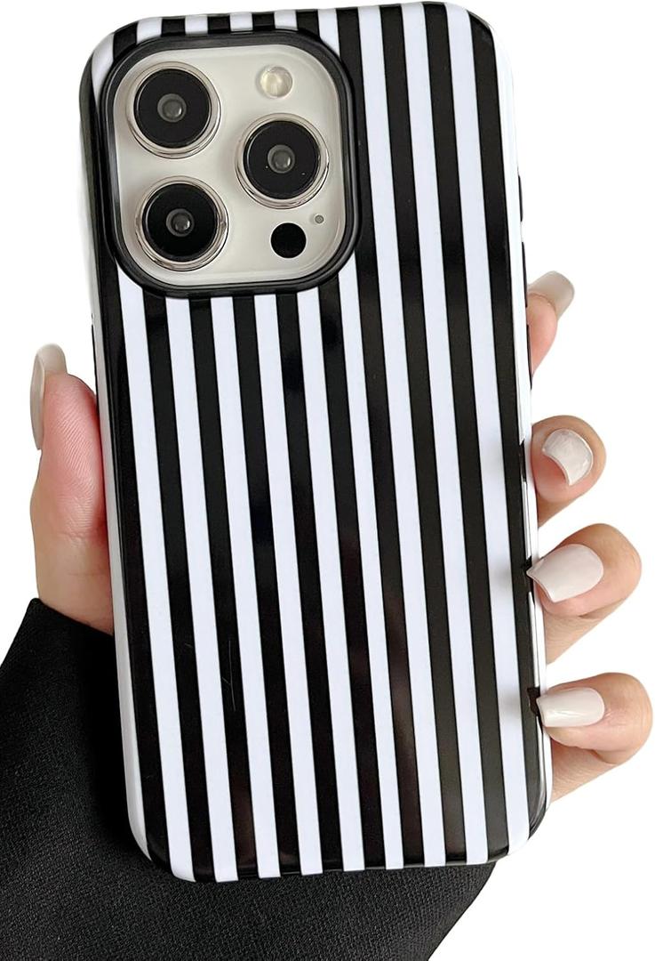 Longlayss Compatible with iPhone 15 Pro Max Case Cute Aesthetic Striped Phone Case for Women Girl Shockproof Slim TPU and Hard PC Protective Cover (Black)