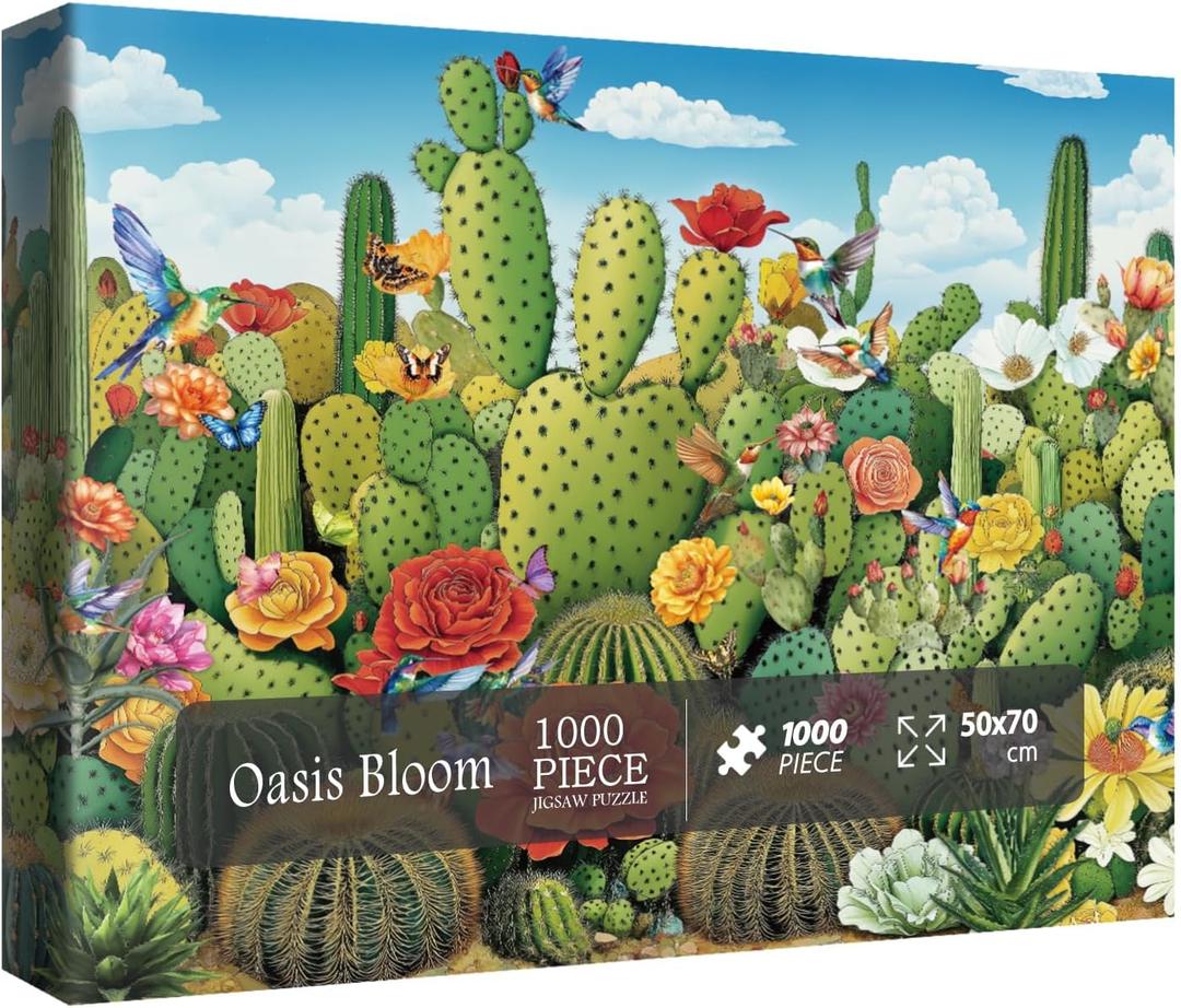 Cactus Landscape Puzzles for Adults 1000 Pieces, Nature Flower Plant Jigsaw Puzzles, Succulent Bird Desert Puzzles