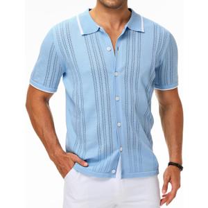 MAPICK Men's Button Down Polo Shirt Casual Short Sleeve Knit Shirt Summer Vacation Beach Clothes (3X-Large, Light Blue)