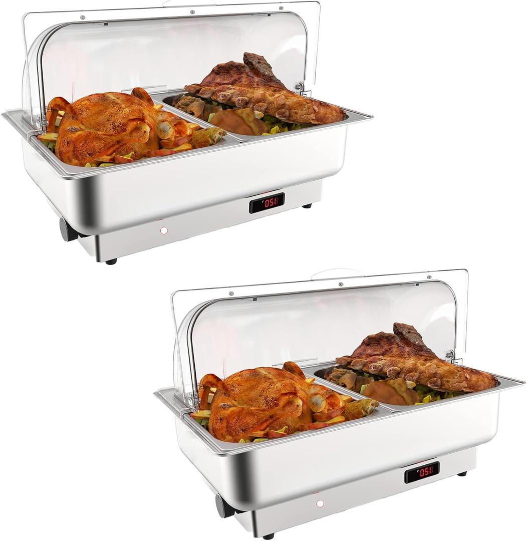 Garvee Electric Chafing Dish Buffet Set, 2 × 4.5 QT Roll Top Food Warmer | With Transparent PC Lid, 400W Temperature Control 86-200°F, Stainless Steel Chafer For Catering Parties (2 Packs)