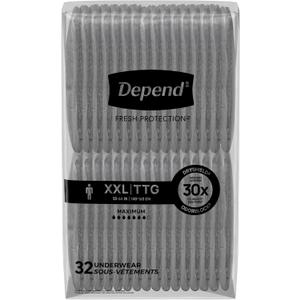 Depend Fresh Protection Adult Incontinence Underwear for Men, Disposable, Maximum, Extra-Extra-Large, Grey, 64 Count, Pack Of 2