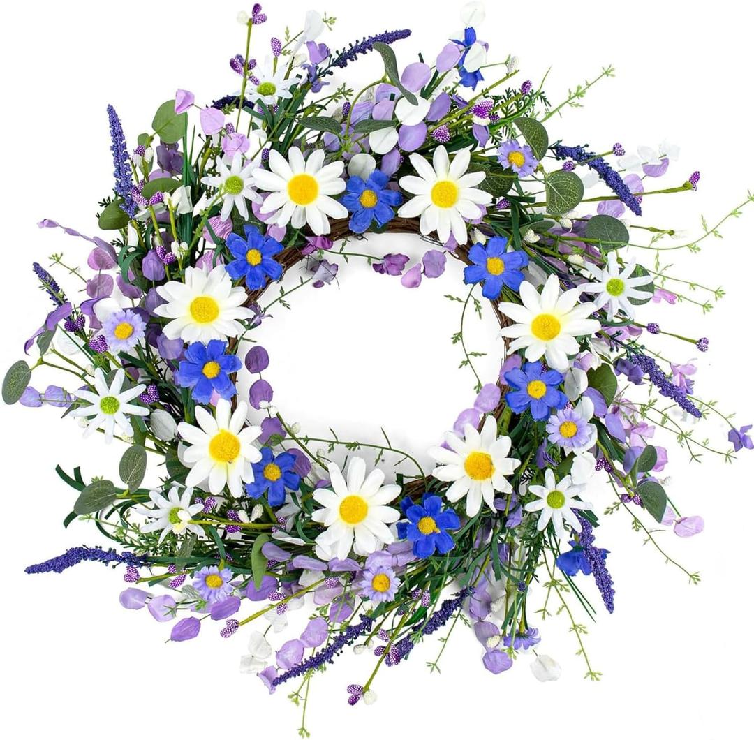 18 Inches Spring Wreath for Front Door Country Summer Door Wreaths Farmhouse Spring Floral Wreath with Bluebonnet White Sunflowers Wildflowers for Window Wall Porch Indoor Outside Hanging Decoration